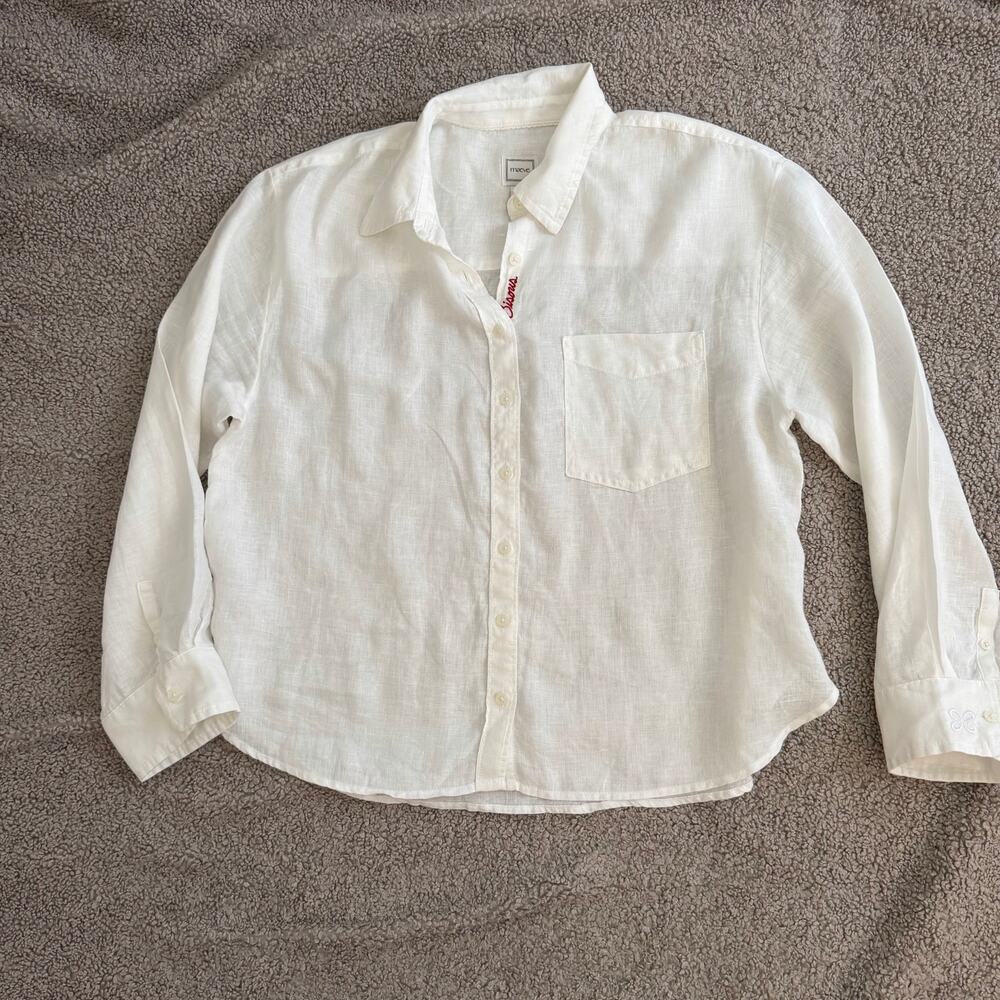 Anthropologie Maeve Shrunken Bennet 100% Linen Bisous Embroidered Shirt M